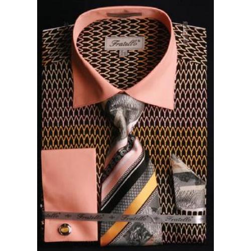 Fratello Black / Gold / Pink Weave Design 100% Cotton Shirt / Tie / Hanky Set With Free Cufflinks FRV4127P2